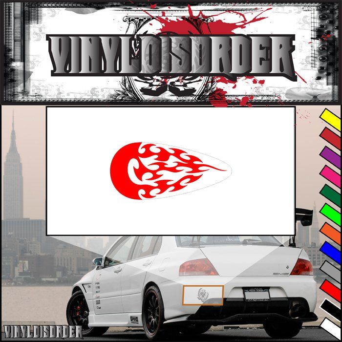 Vinyl flame decal with red fireburst graphic on white background