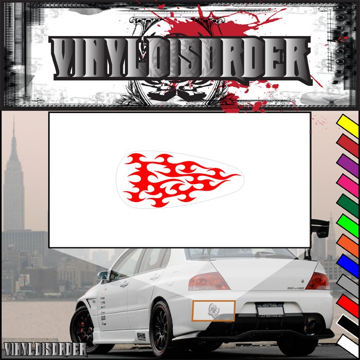 Vinyl flame decal with red stylized flames on white background