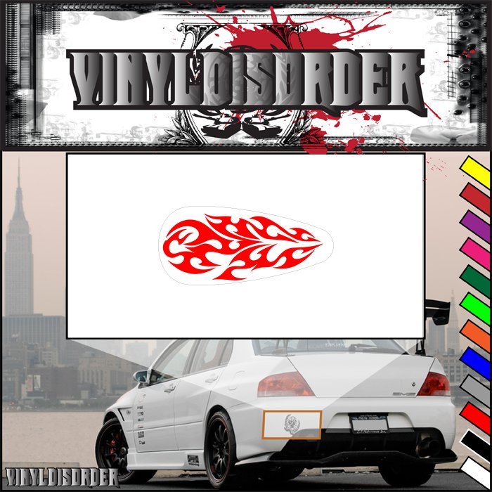 Motorcycle tank flames decal with red flame graphic on white backing