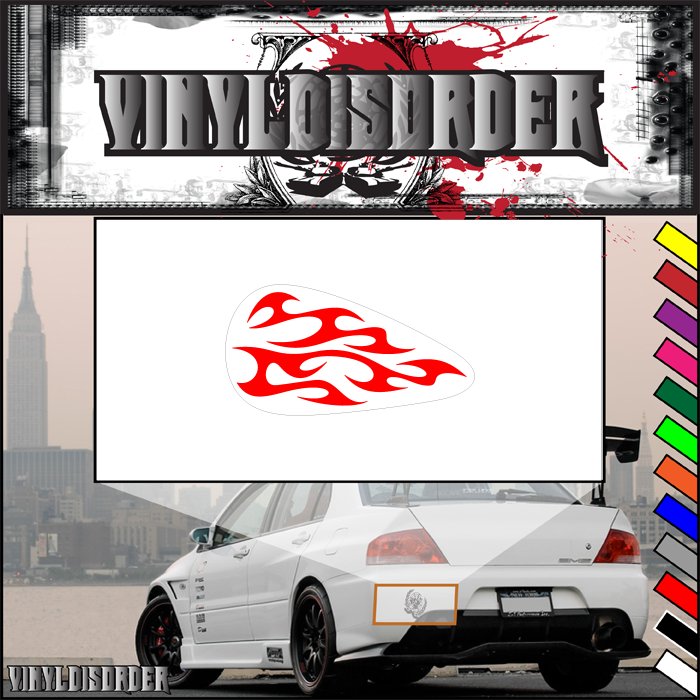 Motorcycle tank flame vinyl decal with red flames on white backing