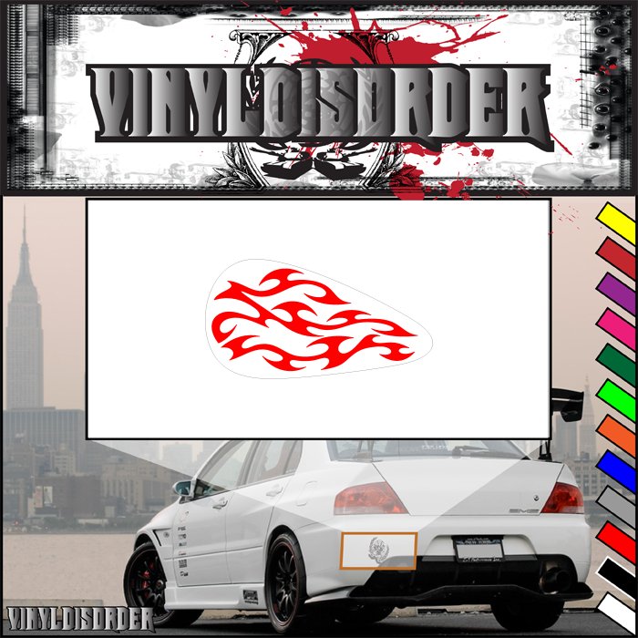 Motorcycle tank flames vinyl decal with red flame graphic on white backing