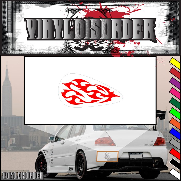 Vinyl flame decal sticker with red flame graphic on white backing
