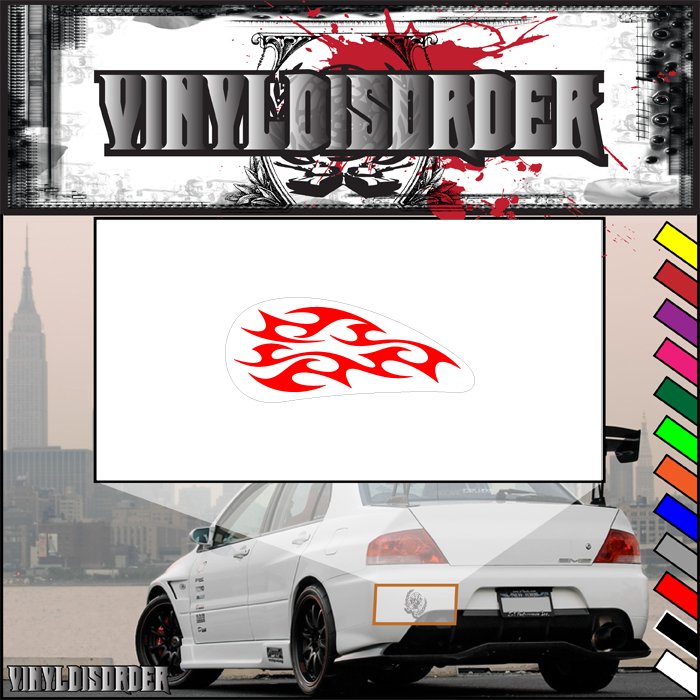 Vinyl flame decal with red flame graphic on white backing