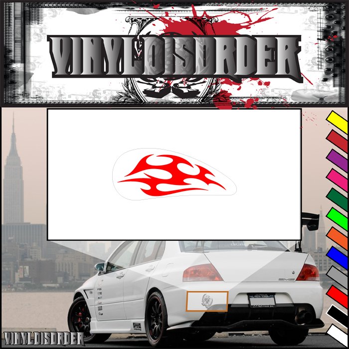 Motorcycle tank flames vinyl decal, red flame emblem on white backing