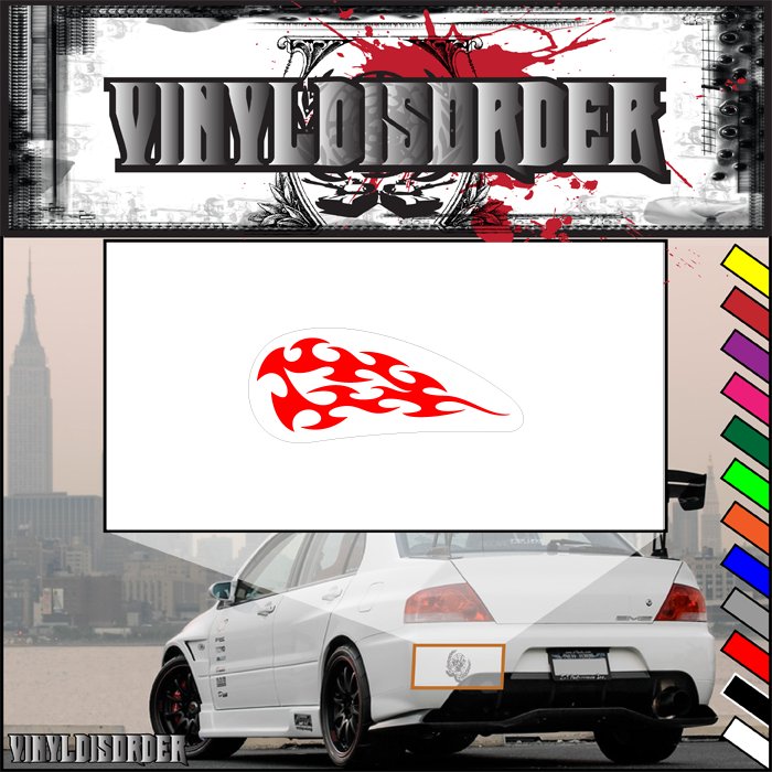 Red flame motorcycle tank decal logo on white rectangular vinyl sticker