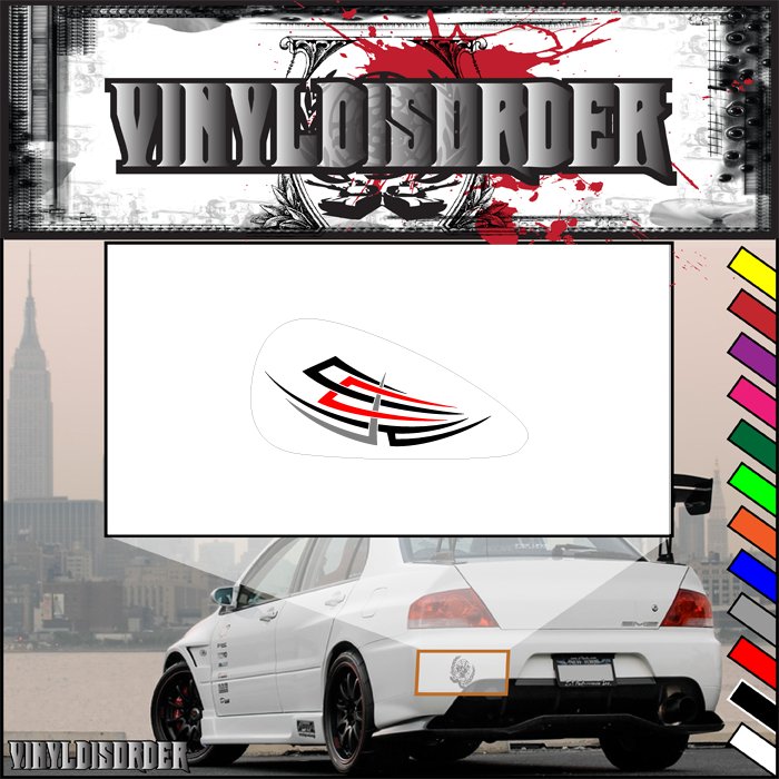 Motorcycle-style oval vinyl decal with black and red tribal graphic