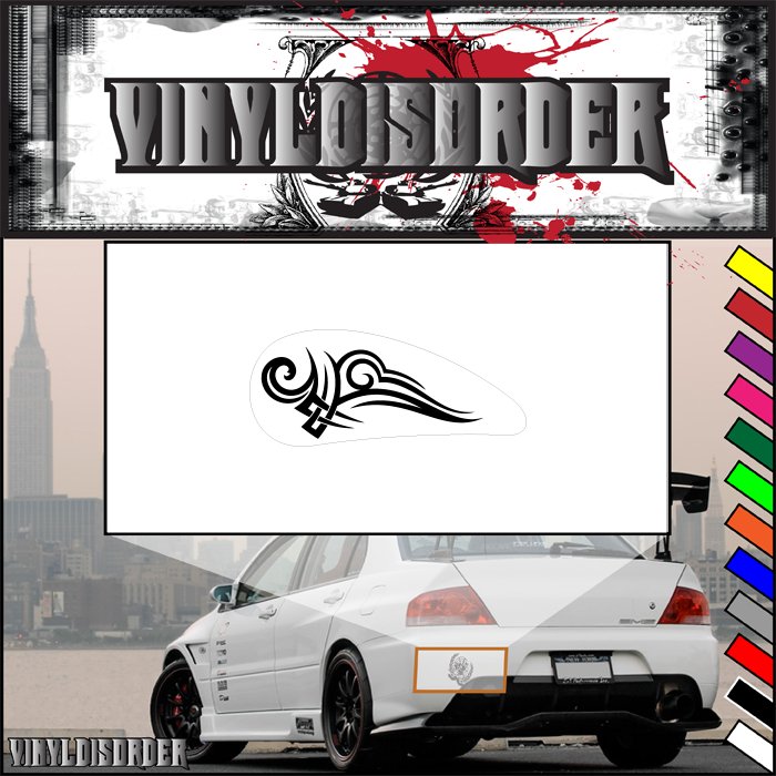 Motorcycle tribal flame decal, black graphic on white rectangular backing