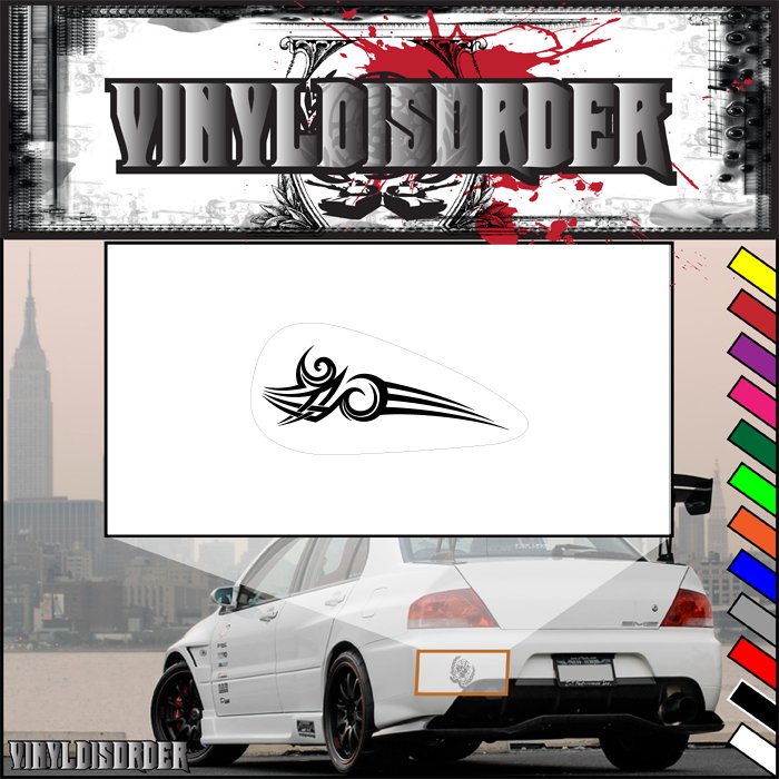 Vinyl motorcycle tribal tank decal with black swoosh wing motif on white oval