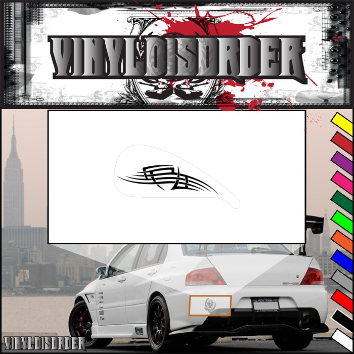 Motorcycle tank vinyl decal with black tribal flame-style graphic on white