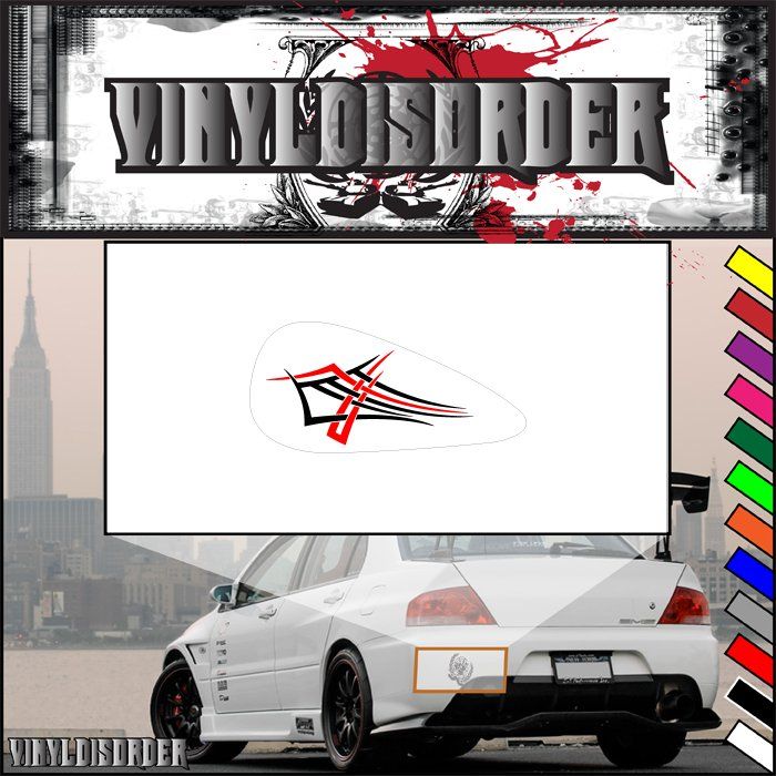 Vinyl motorcycle tank decal with red and black tribal graphic on white oval