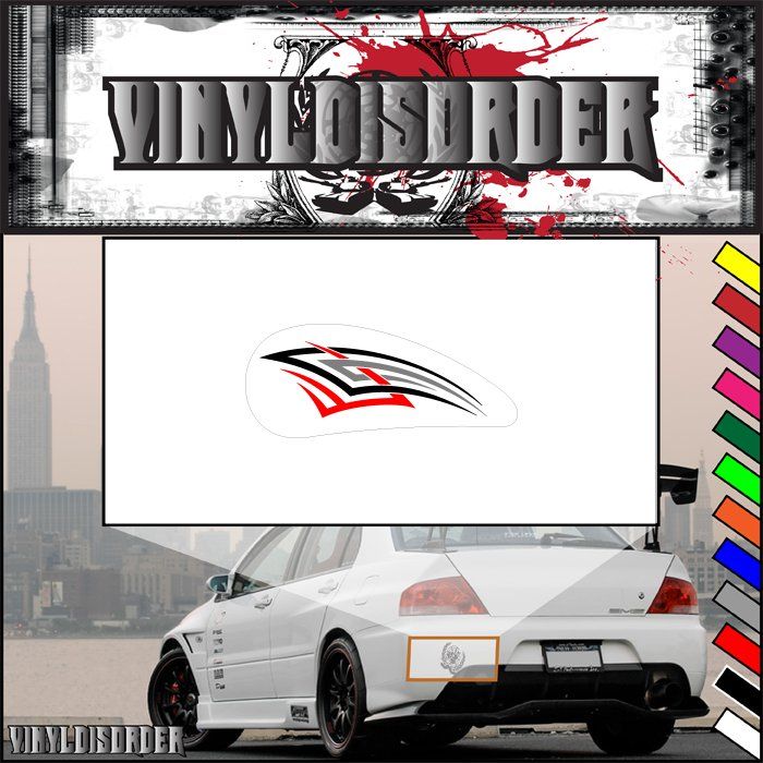 Vinyl motorcycle tribal decal with white background and red-and-black emblem logo