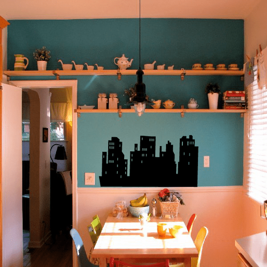 Black city skyline wall decal with narrow towers and peaked rooftops