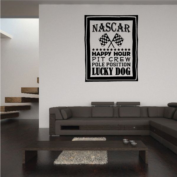 Square Nascar word collage wall decal with black border and racing checkered flag text