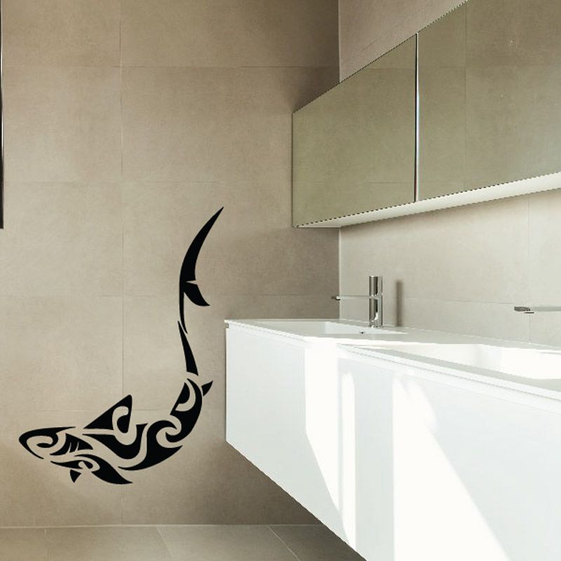 Black shark tail swirl wall decal, stylized aquatic animal graphic