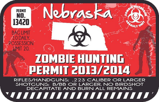Red Zombie Hunting permit sticker with Nebraska silhouette and biohazard symbol