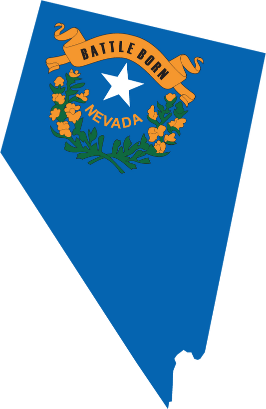 Nevada state flag sticker shaped like Nevada, blue triangle with white star and wreath