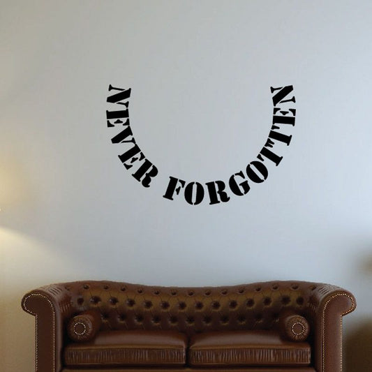 Never Forgotten memory wall decal with black curved text and ribbon ends
