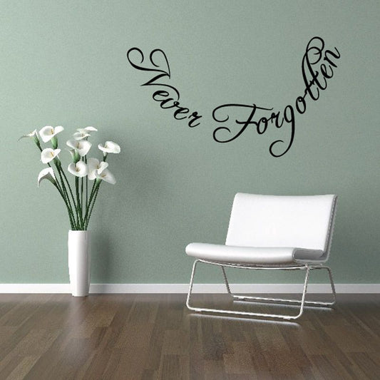 Wall vinyl decal with flowing cursive memorial text and butterfly accents