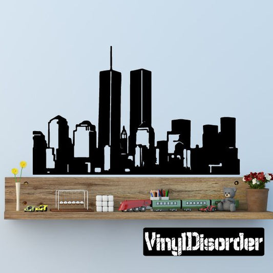 New York City skyline wall decal with Twin Towers silhouette, black