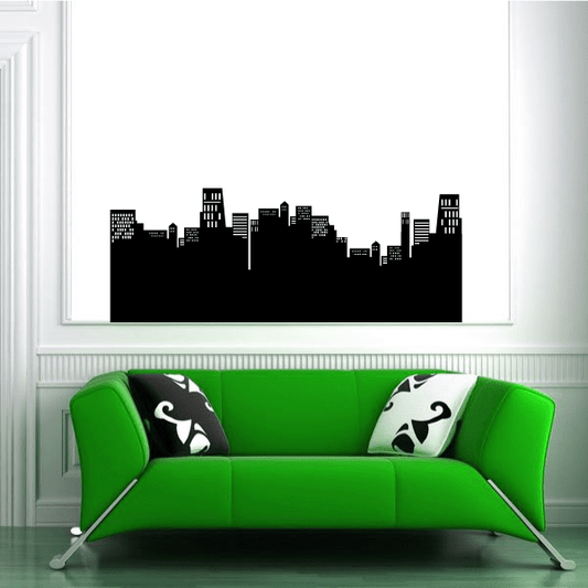 Black skyline wall decal with New York window building details