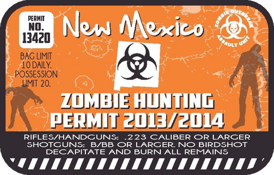 Zombie hunting permit sticker with 'New Mexico' and biohazard symbol, orange graphic