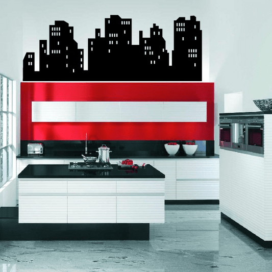 Black nighttime city skyline wall decal with tall skyscraper silhouettes