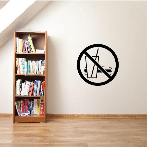 No food and drinks vinyl wall decal, black circle with utensil symbols and slash