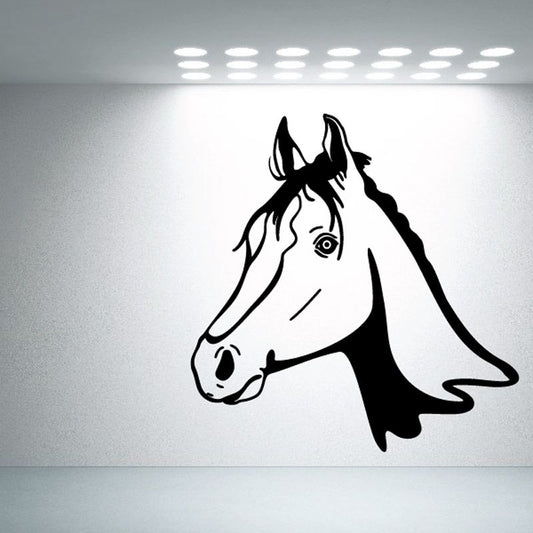 Horse head decal in black outline, side profile with detailed mane and eye.