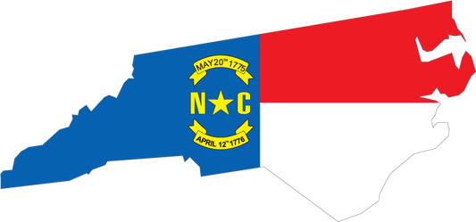 North Carolina flag-shaped sticker with yellow N★C emblem and red, blue, white sections