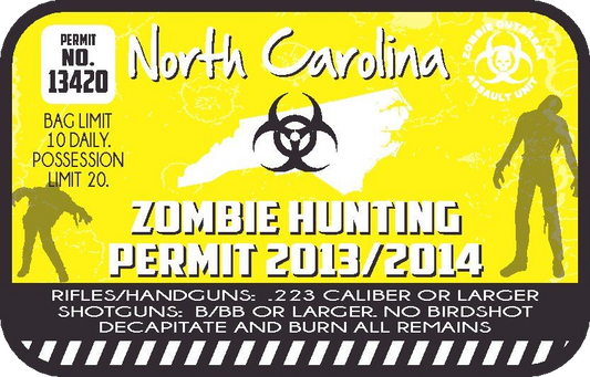 Yellow zombie hunting permit sticker with North Carolina text, biohazard icon, permit 2013/2014