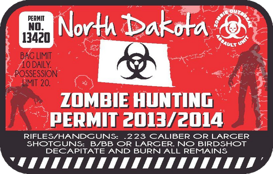 North Dakota zombie hunting permit sticker, red with biohazard symbol and permit text