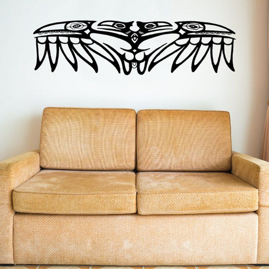 Black tribal bird wall decal with symmetrical feathered wings design