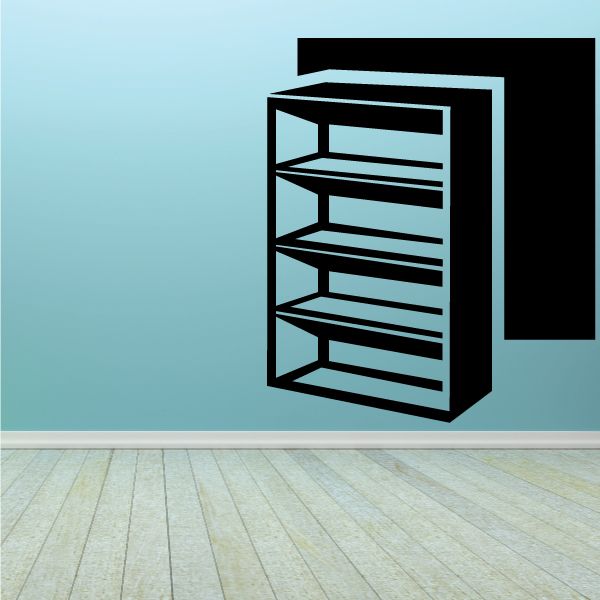 Bookshelf decal with open shelves and geometric frame, black