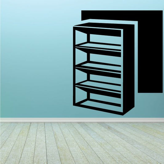 Bookshelf decal with open shelves and geometric frame, black