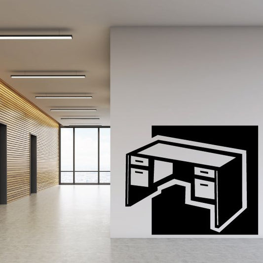 Office desk decal with black illustrated desk and drawers graphic