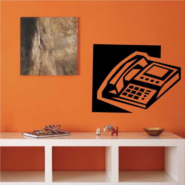 Office desk phone decal sticker with orange phone icon on dark background