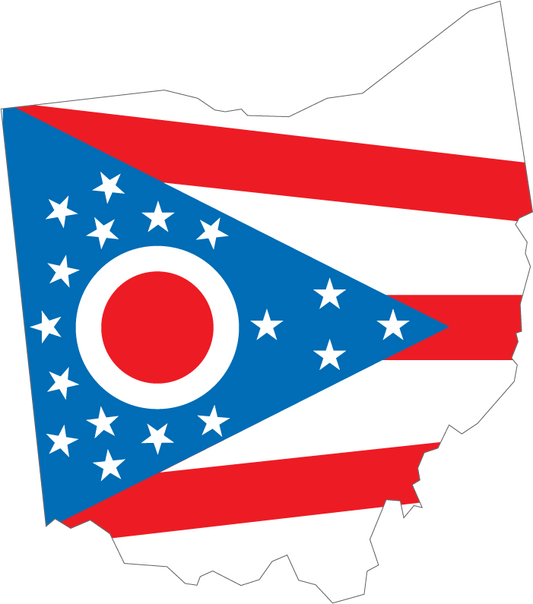Ohio-shaped state flag sticker with blue field, stars, and red-white stripes