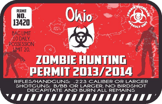 Red zombie hunting permit sticker with Ohio title, biohazard icon, permit number 13420.