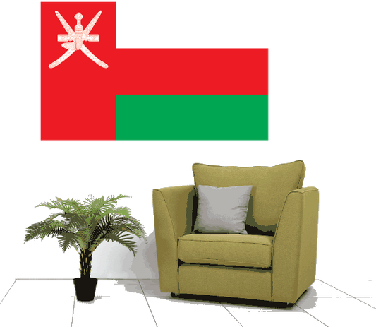 Oman flag sticker with white crescent and cross emblem on red, green, and white bands