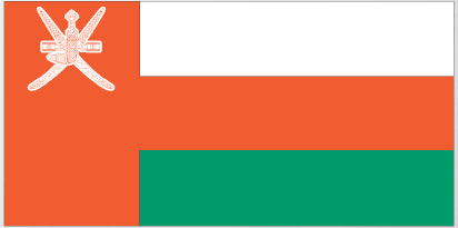 Oman flag sticker with white emblem, orange field, and green band