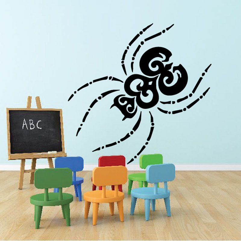Ornate beaded spider wall decal, black swirling spider silhouette