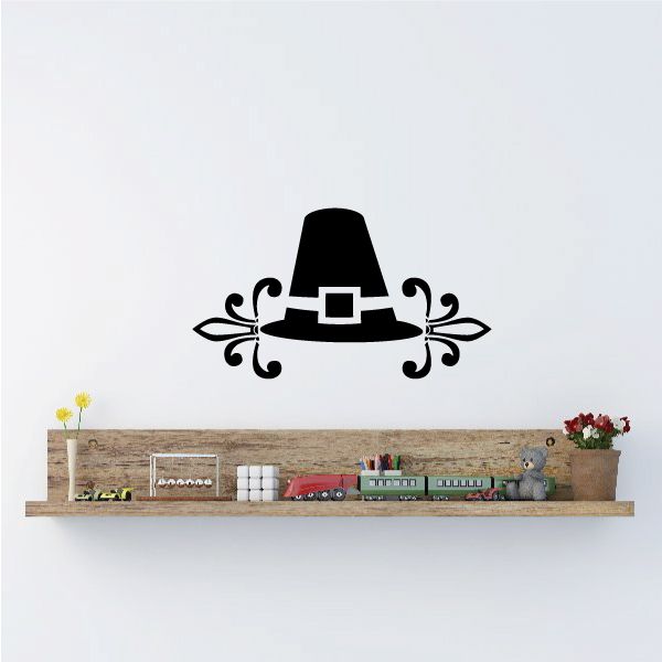 Ornate pilgrim hat wall decal with decorative scroll accents, black silhouette.