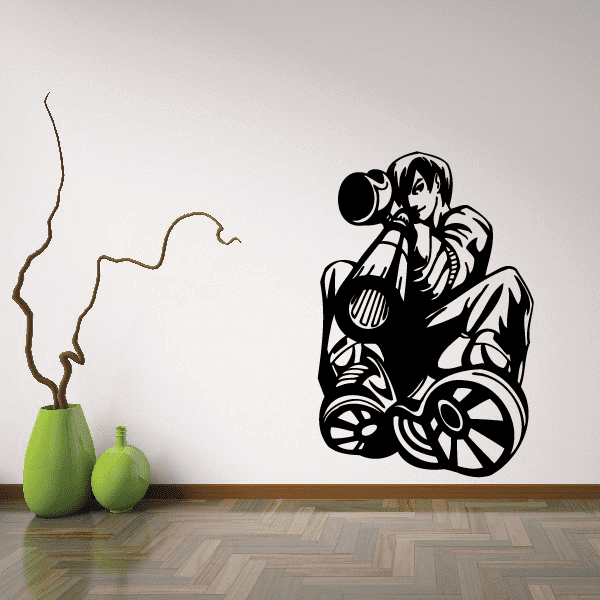 Paintball wall decal: black paintball player with gun on wheels