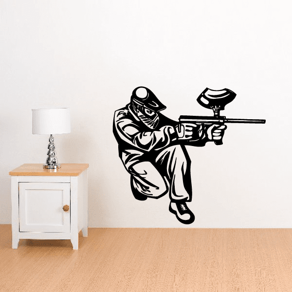 Paintball player wall decal, black vinyl sticker with white highlights and marker