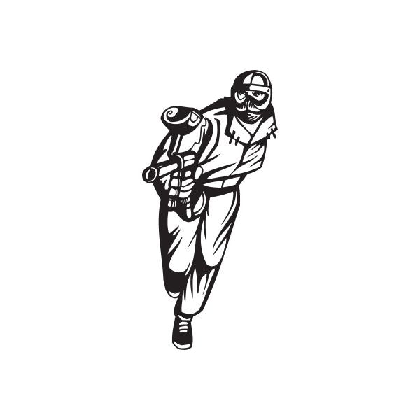 Vinyl wall decal of a black paintball player aiming a blaster