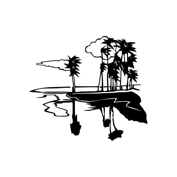 Car vinyl decal sticker with black palm trees and island reflection silhouette