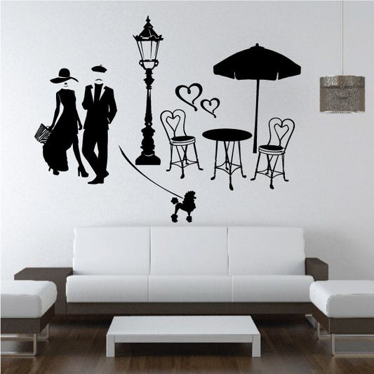 Black cafe character wall decal set: couple, lamp, table, umbrella, chairs, hearts