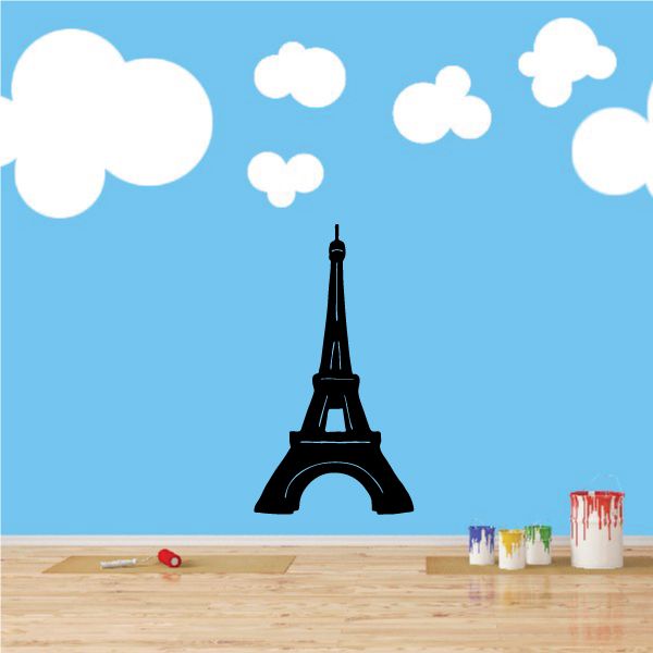 Eiffel Tower wall decal with black tower silhouette and blue sky clouds
