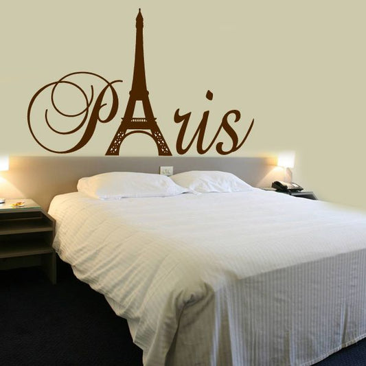 Brown Paris text decal with Eiffel Tower silhouette on wall