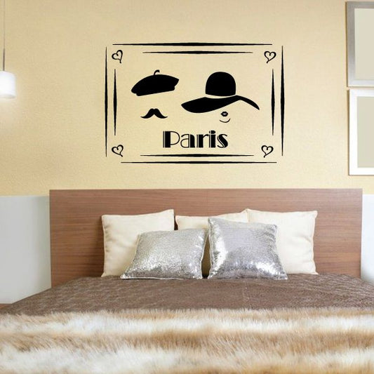 Paris wall decal with black hat and heart border around the word Paris